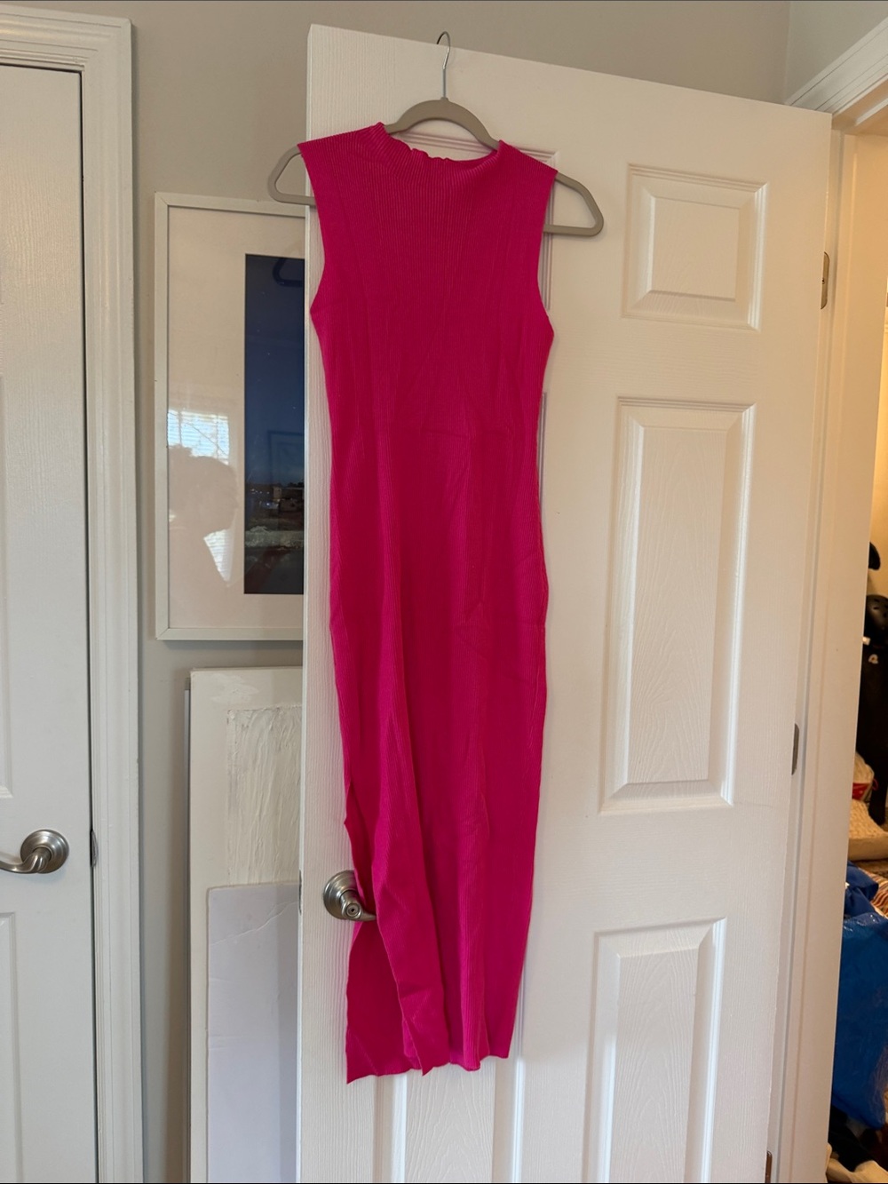 Sleeveless Hot Pink Ribbed Midi Dress